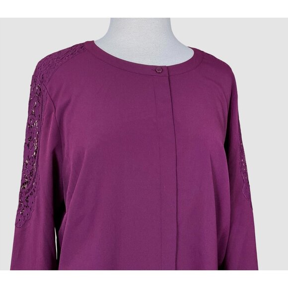 Talbots Lace Inset Long Sleeve Hidden Button Front Deep Wine Colored Blouse 1X - Picture 2 of 7